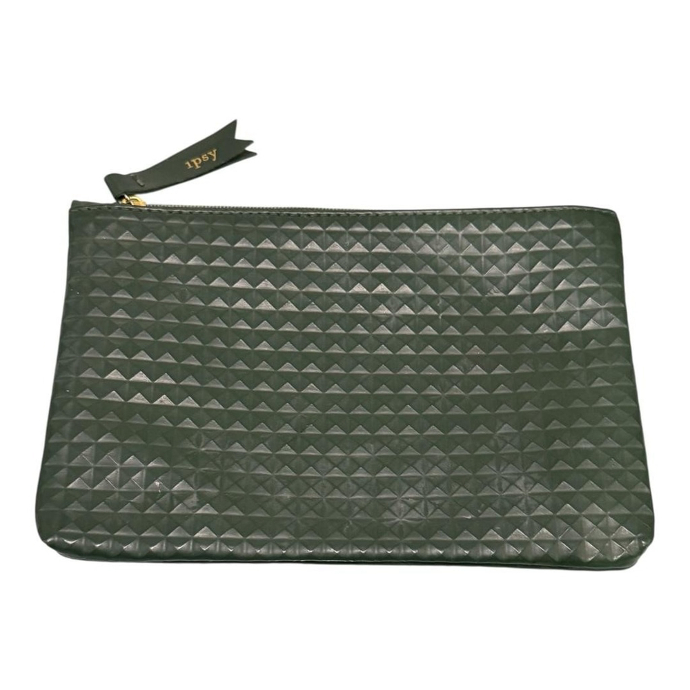 Ipsy Makeup Bag Cosmetic Pouch Green Textured Pink Lining Travel Zipper Womens